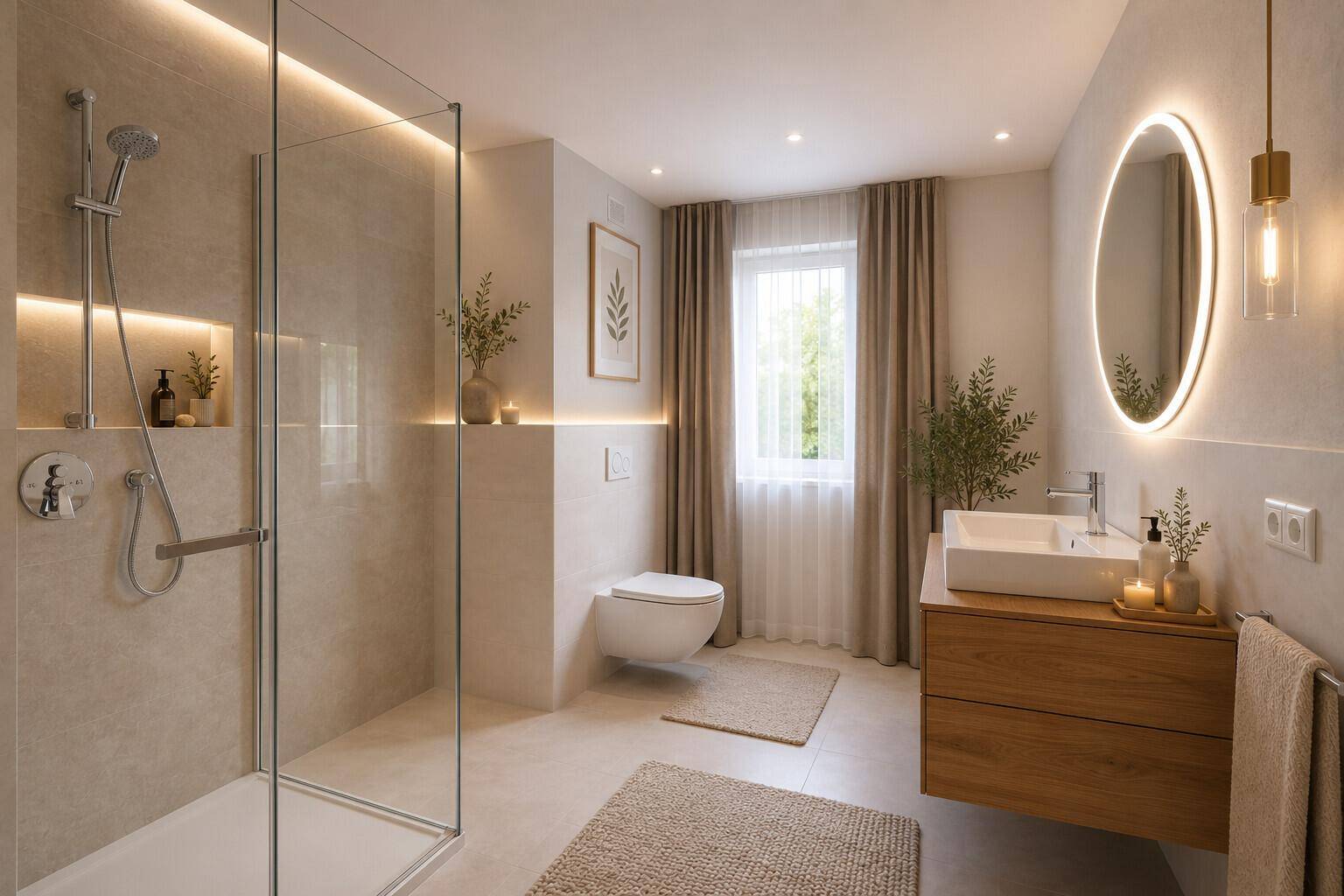 Modernes Badezimmer mit begehbarer Dusche, beleuchtetem Spiegel und Fenster für Tageslicht.