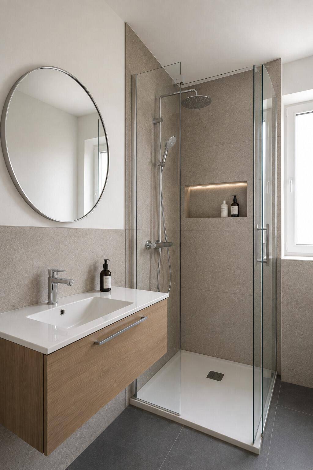 Zeitgemäßes Badezimmer mit begehbarer Dusche, Einzelwaschbecken und Fenster für Tageslicht.