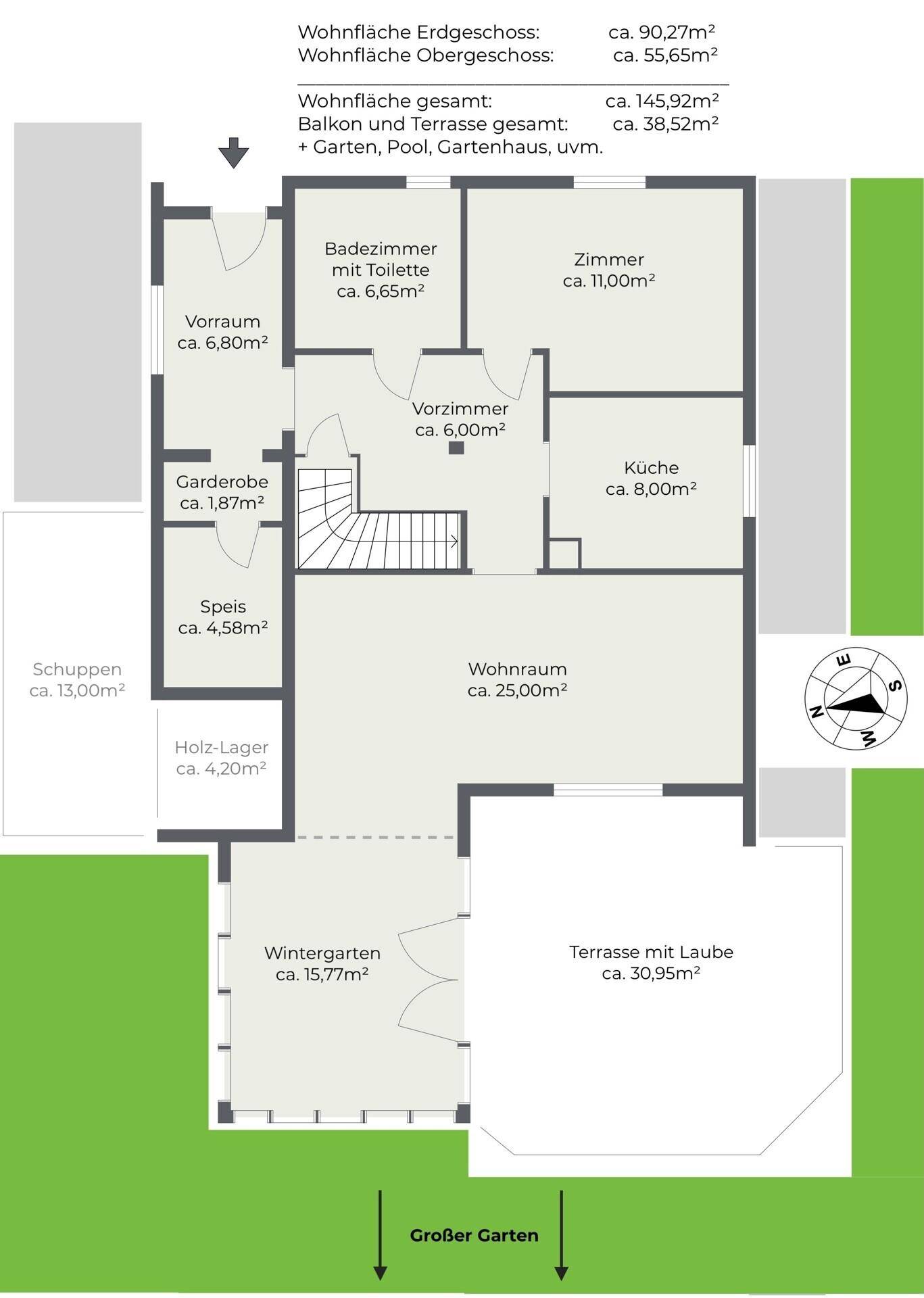 Grundriss des Erdgeschosses mit Wohnraum, Wintergarten, Terrasse und großem Garten.