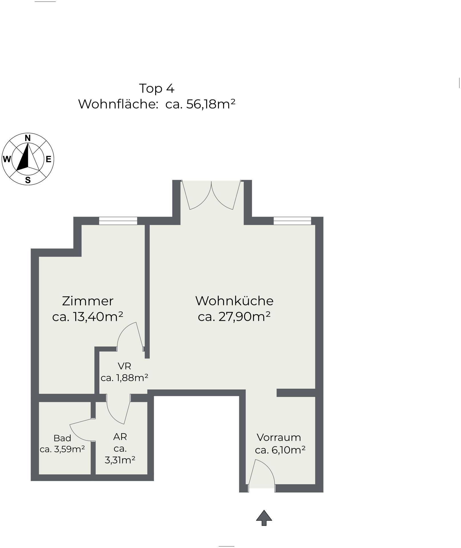 Grundriss der Wohnung Top 4 mit Wohnküche, Zimmer, Bad und Vorraum.