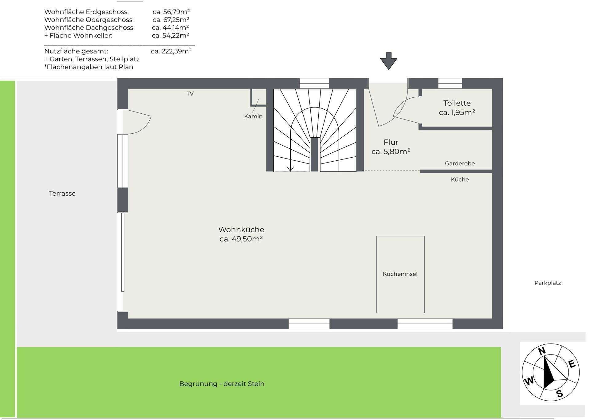 Grundriss des Erdgeschosses mit offener Wohnküche, Kamin, Gäste-WC und großer Terrasse.