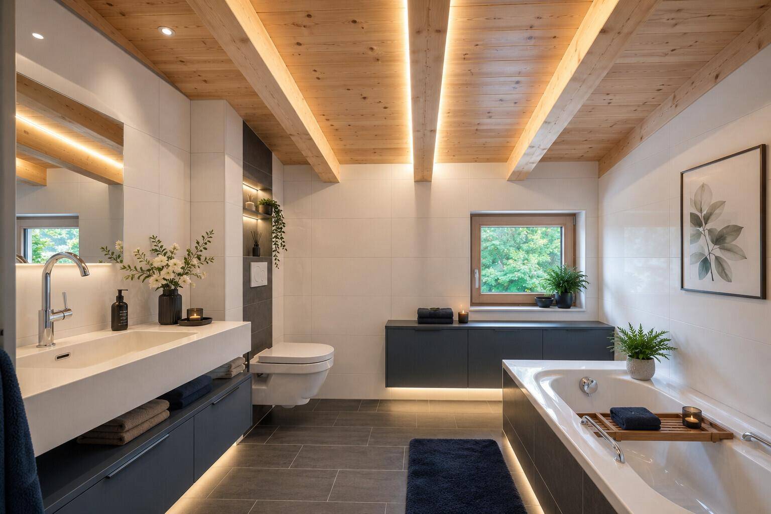 Modernes Badezimmer mit Badewanne, Doppelwaschbecken, Holzbalkendecke und indirekter Beleuchtung.