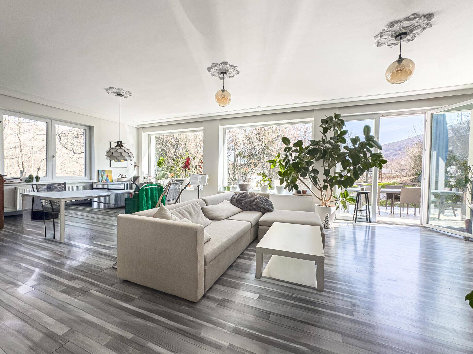 Großzügiges, lichtdurchflutetes Wohnzimmer mit modernem Laminatboden und Blick ins Grüne.