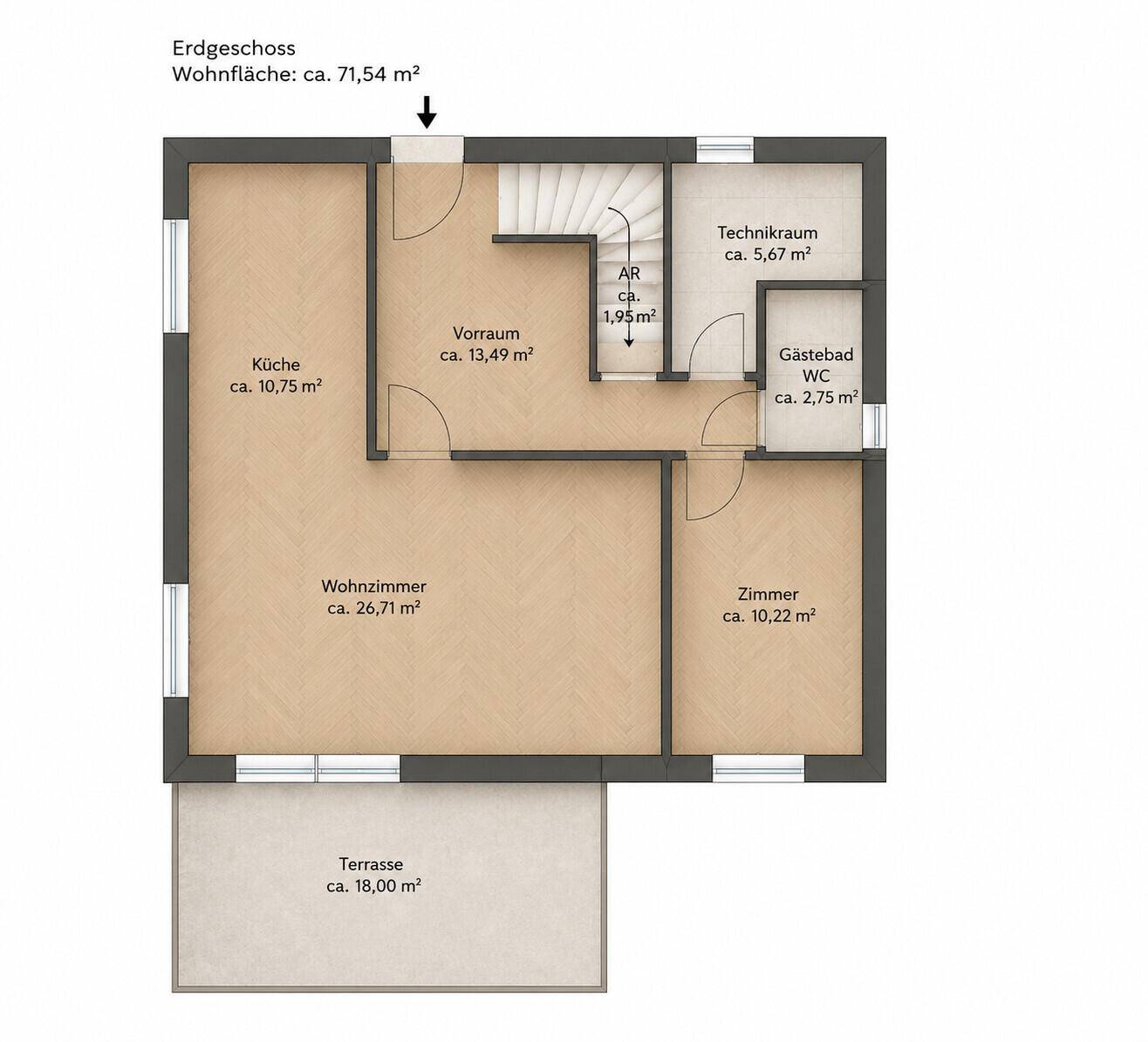 Grundriss des Erdgeschosses mit Wohnzimmer, Küche, Zimmer und Terrasse, zeigt die Raumaufteilung.