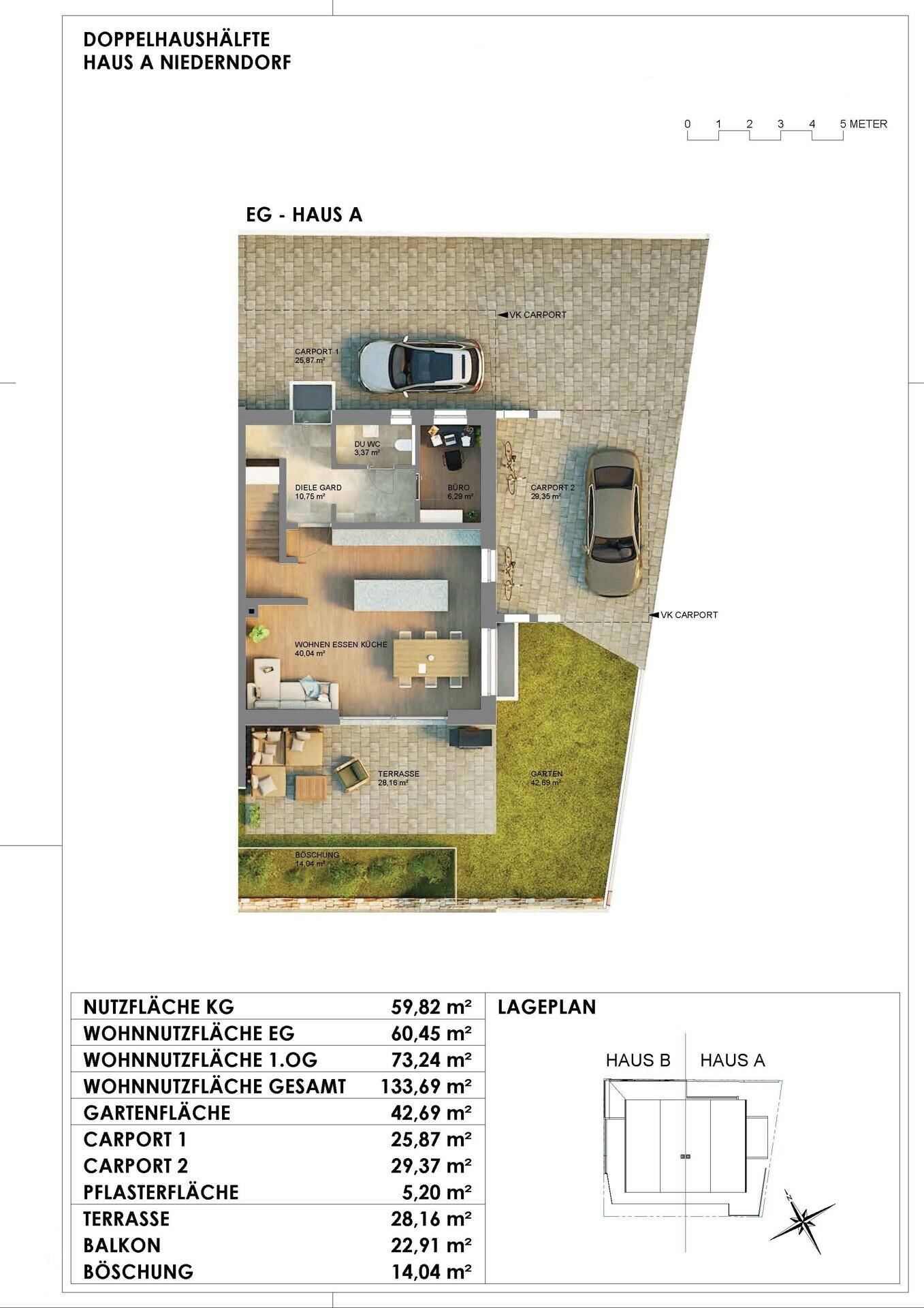 Grundriss des Erdgeschosses von Haus A mit Wohnbereich, Küche, Terrasse und Carports.