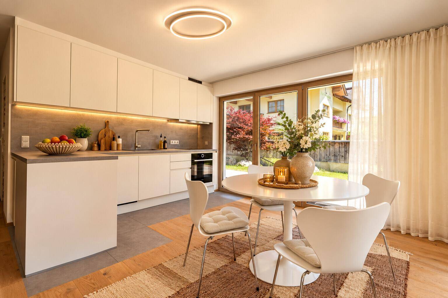 Moderne Küche mit weißen Schränken und integriertem Essbereich, mit Zugang zur Terrasse.