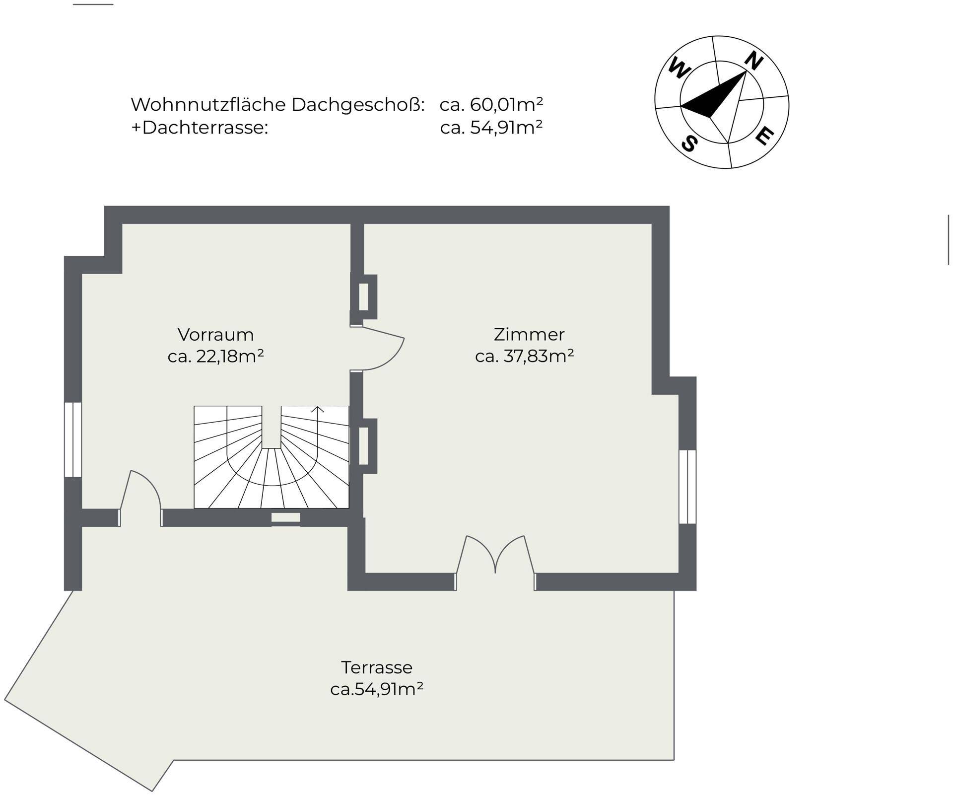 Grundriss des Dachgeschosses mit einem Zimmer und einer großzügigen Dachterrasse.