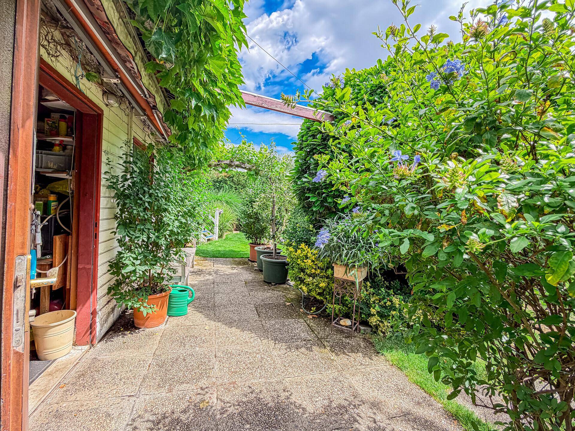 Seitlicher Gartenweg mit verschiedenen Topfpflanzen und üppiger grüner Bepflanzung.