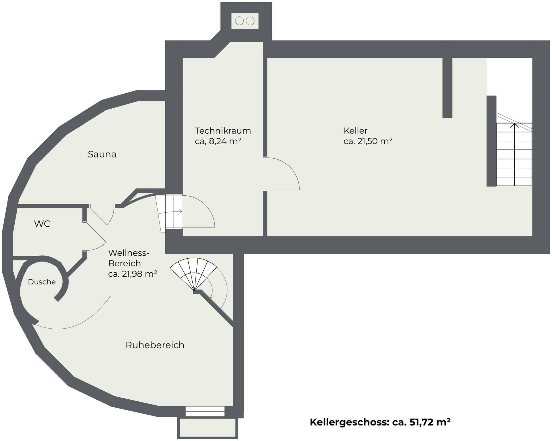 Grundriss des Kellergeschosses mit Sauna, Wellnessbereich und Technikraum.