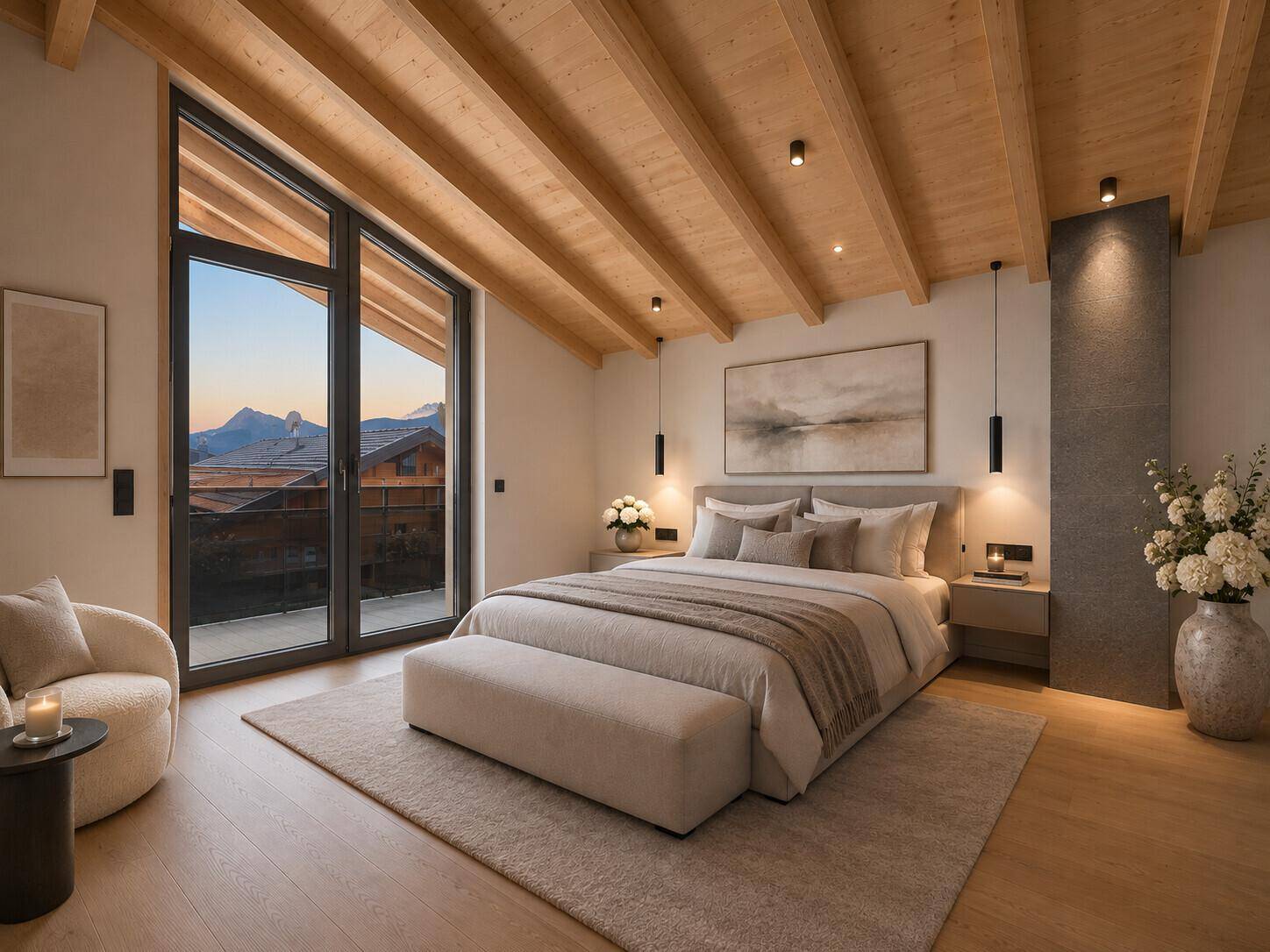 Gemütliches Schlafzimmer mit Holzbalkendecke, großem Fenster und Bergblick, modern eingerichtet.