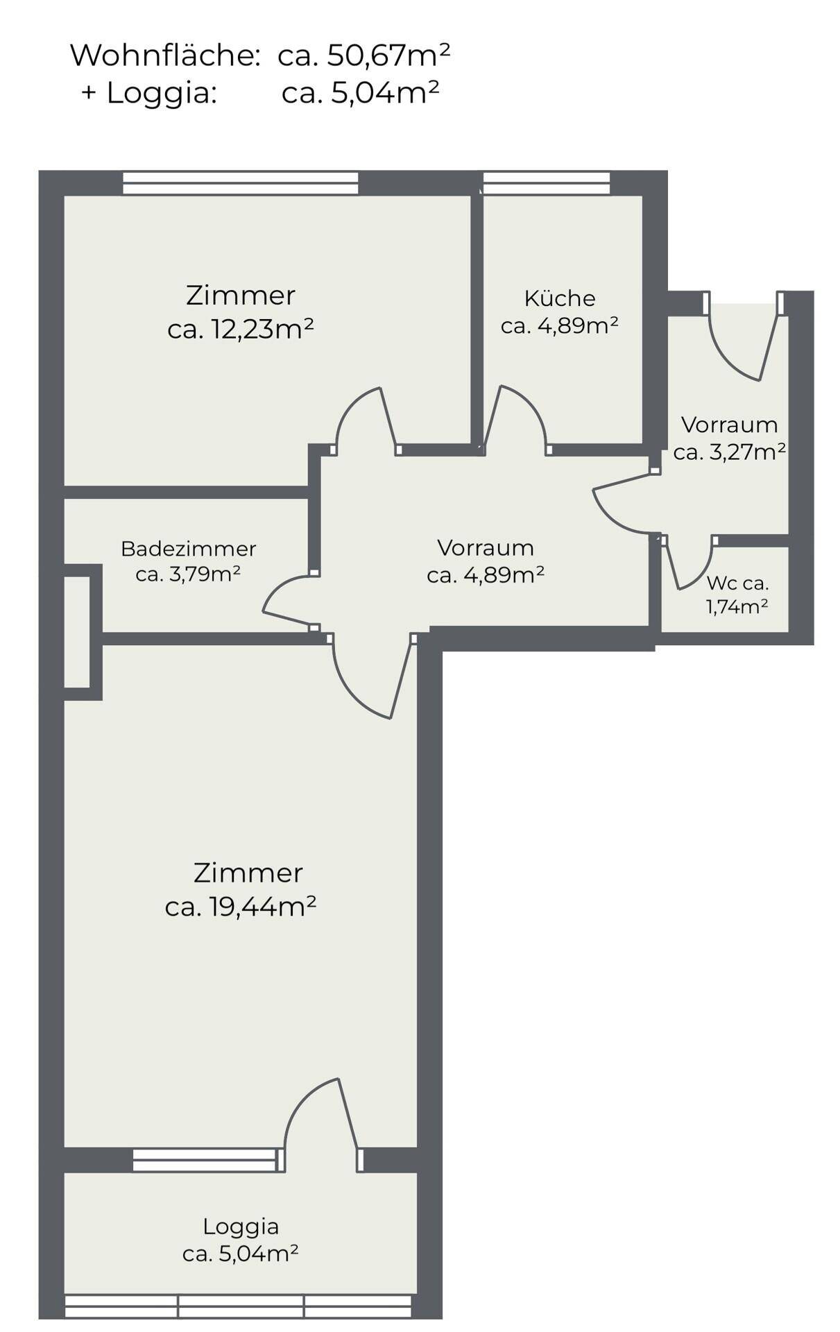 Grundriss der Wohnung mit einer Wohnfläche von ca. 50,67m² und einer zusätzlichen Loggia.
