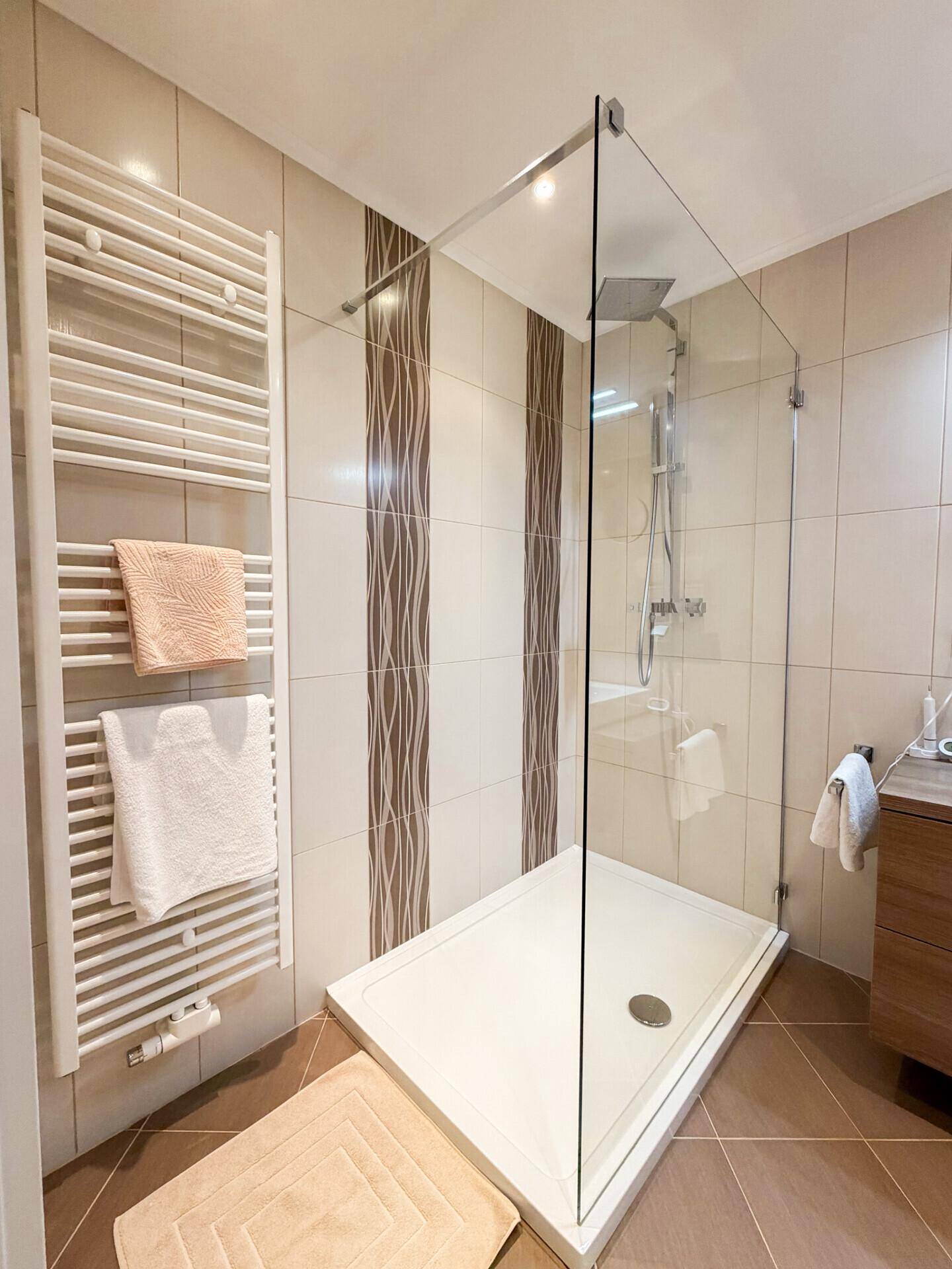 Geräumige, begehbare Dusche mit Glasabtrennung und Regenduschkopf in einem modernen Bad.