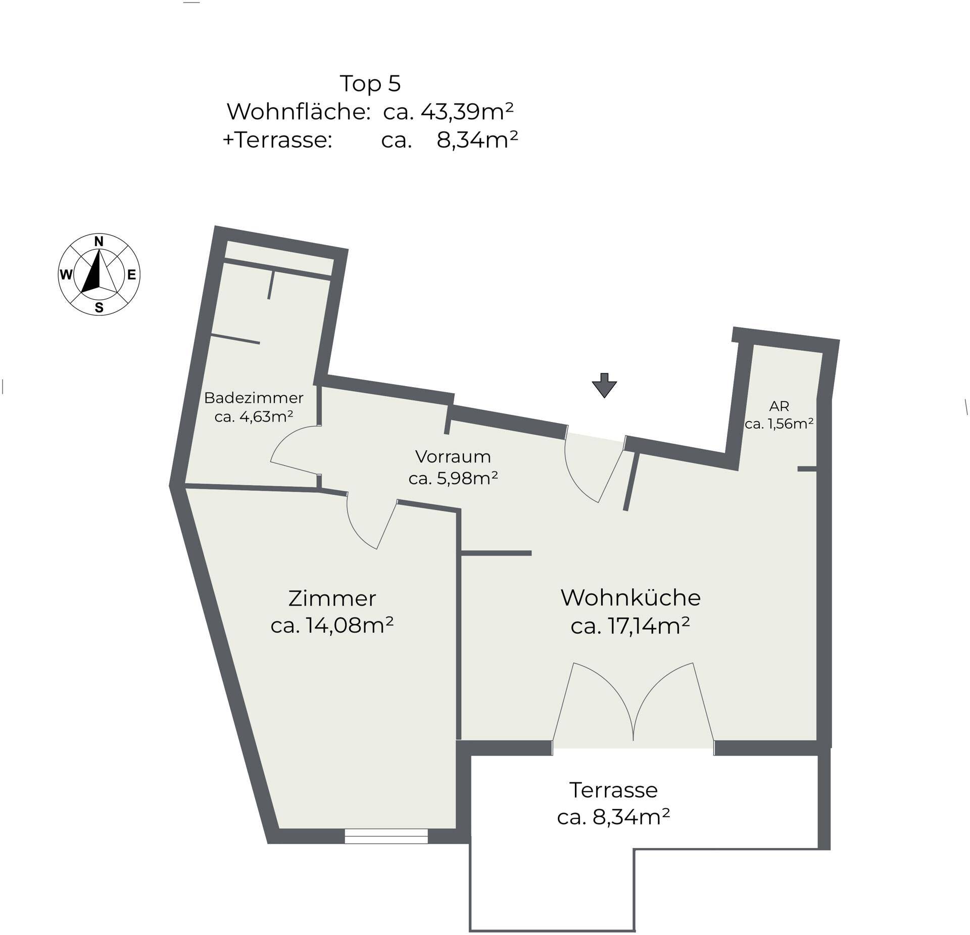 Grundriss der Wohnung Top 5 mit Wohnküche, Zimmer, Bad und Terrasse.