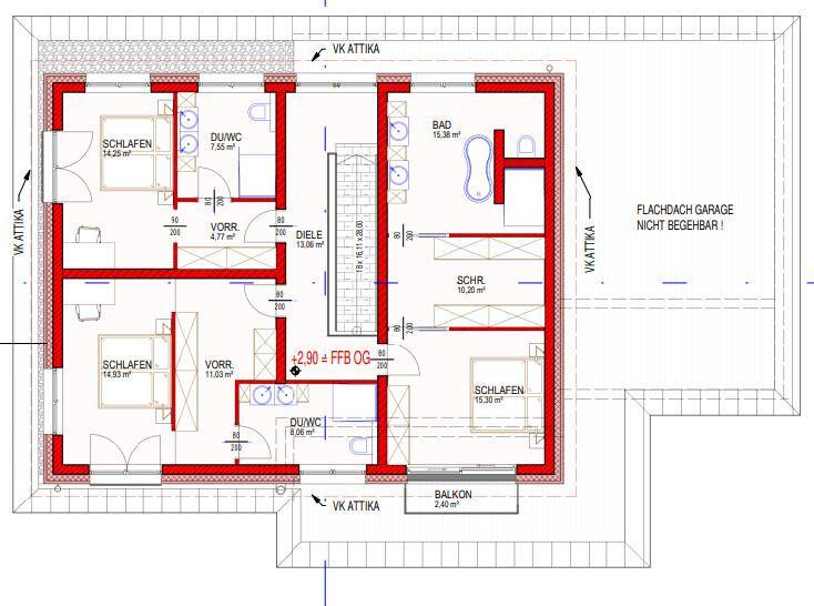 Grundriss des Obergeschosses mit drei Schlafzimmern, zwei Bädern und Balkon.