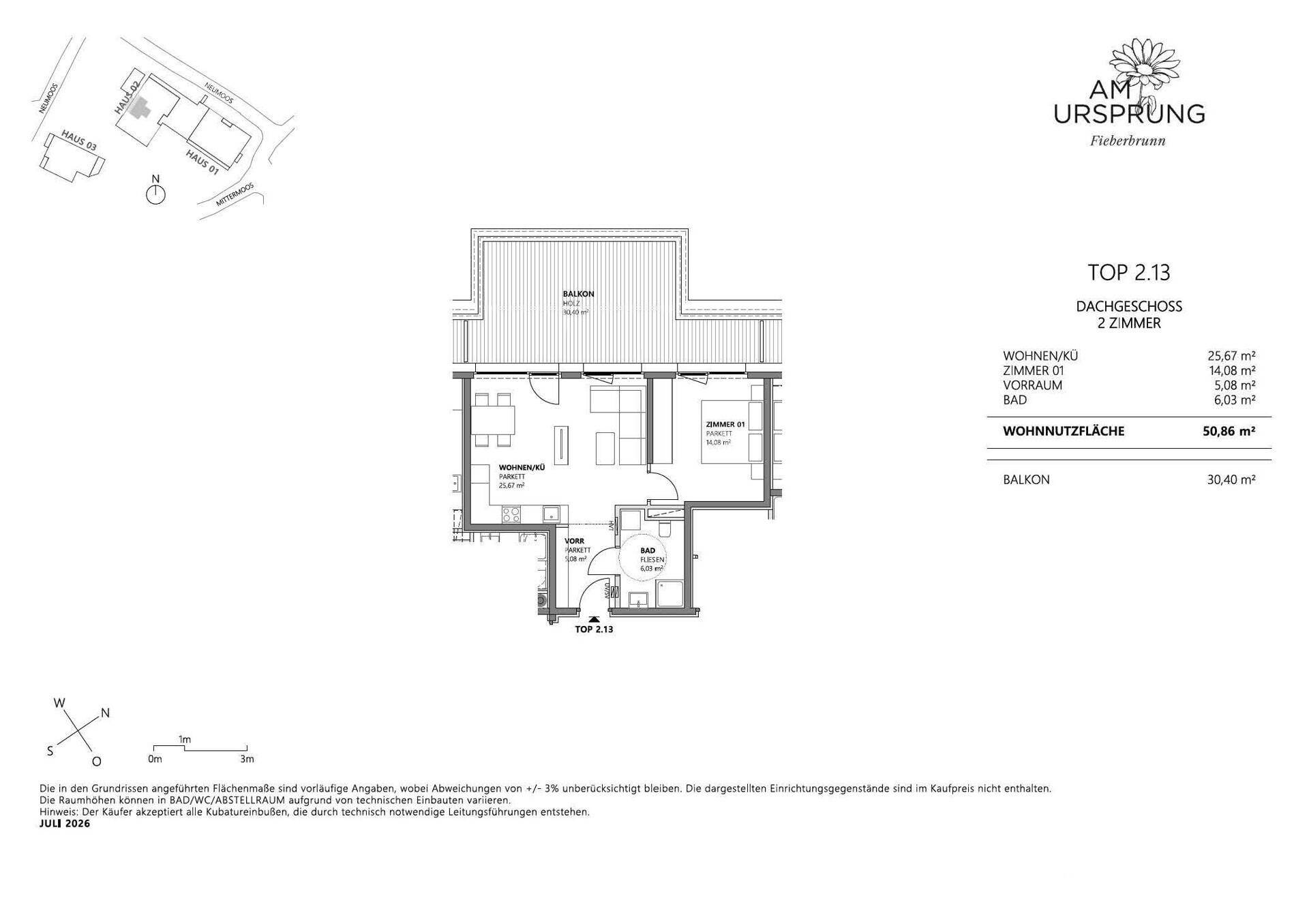 Grundriss der Dachgeschosswohnung TOP 2.13 mit offenem Wohn-/Kochbereich und großem Balkon.