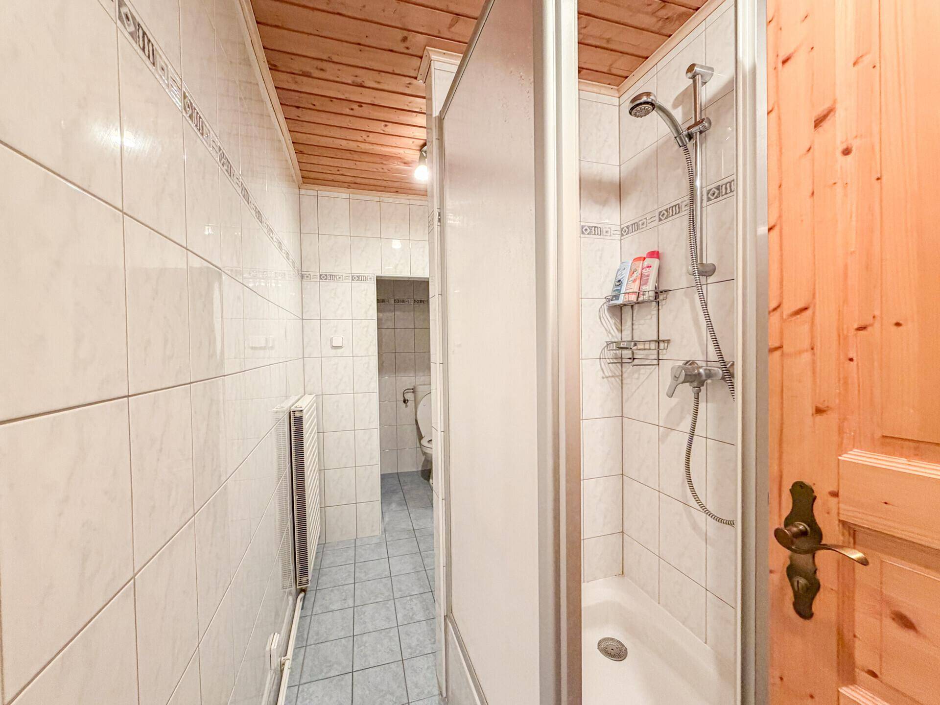 Gefliestes Badezimmer mit Duschkabine und Holzdecke.