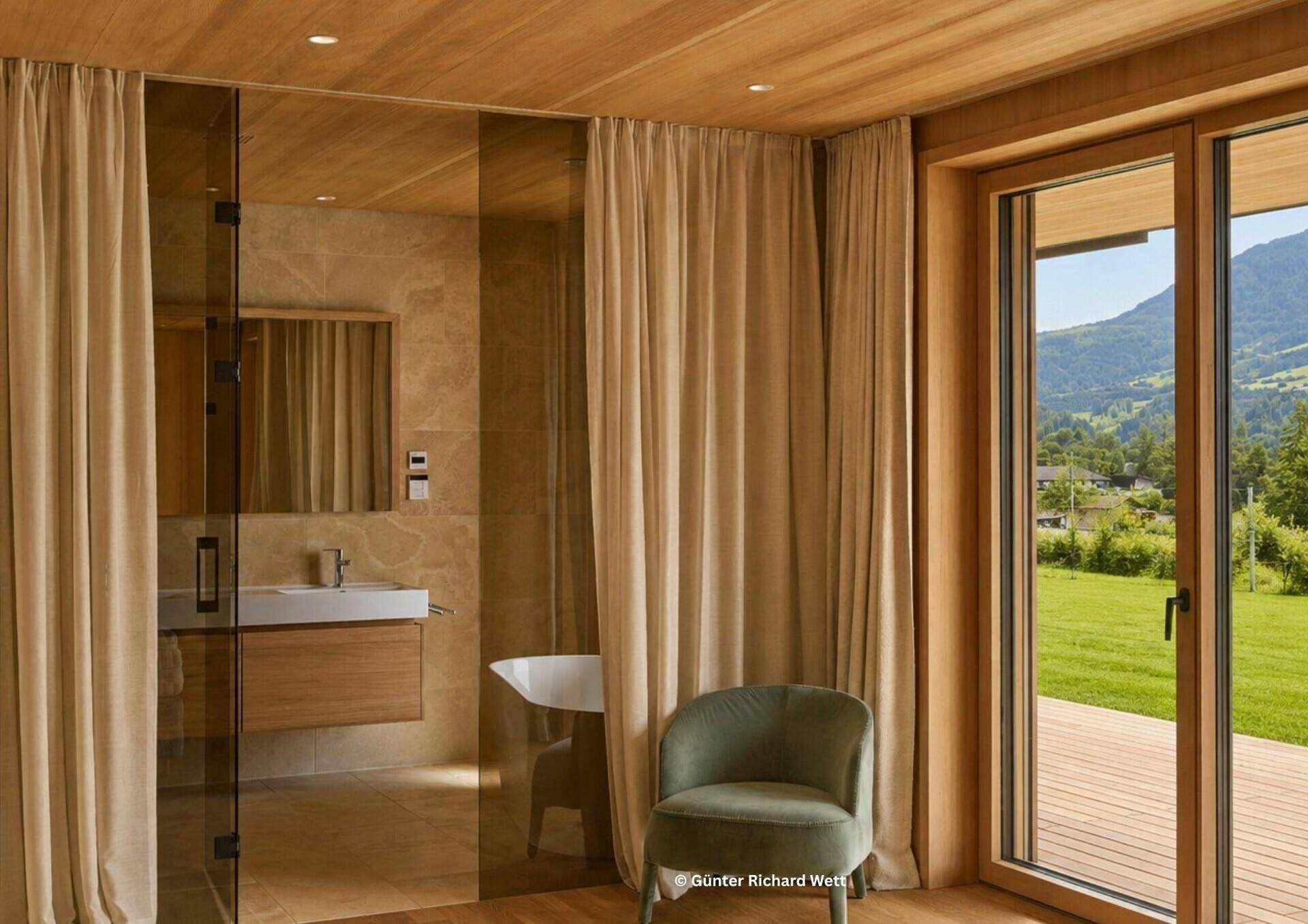 Gemütliches Schlafzimmer mit Holzboden, Vorhängen und offenem Badbereich mit Waschtisch.