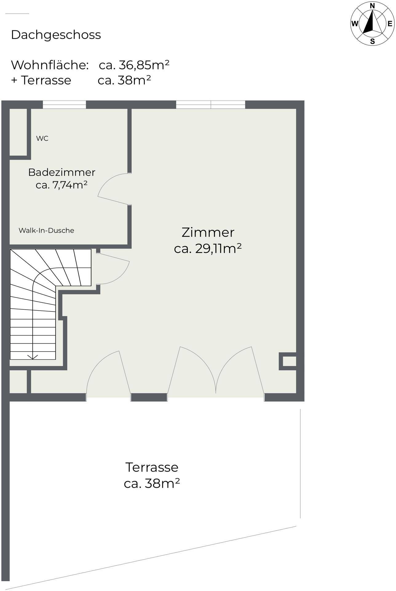 Grundriss des Dachgeschosses mit großem Zimmer, Bad, WC und einer Walk-in-Dusche.
