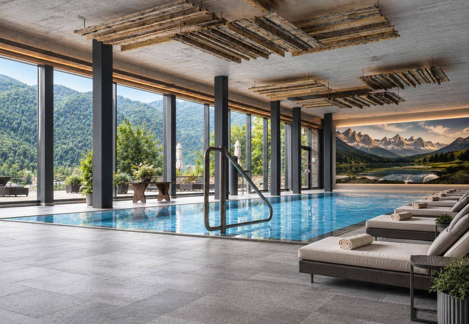 Großzügiger Innenpoolbereich mit Liegestühlen, bodentiefen Fenstern und beeindruckendem Bergblick.