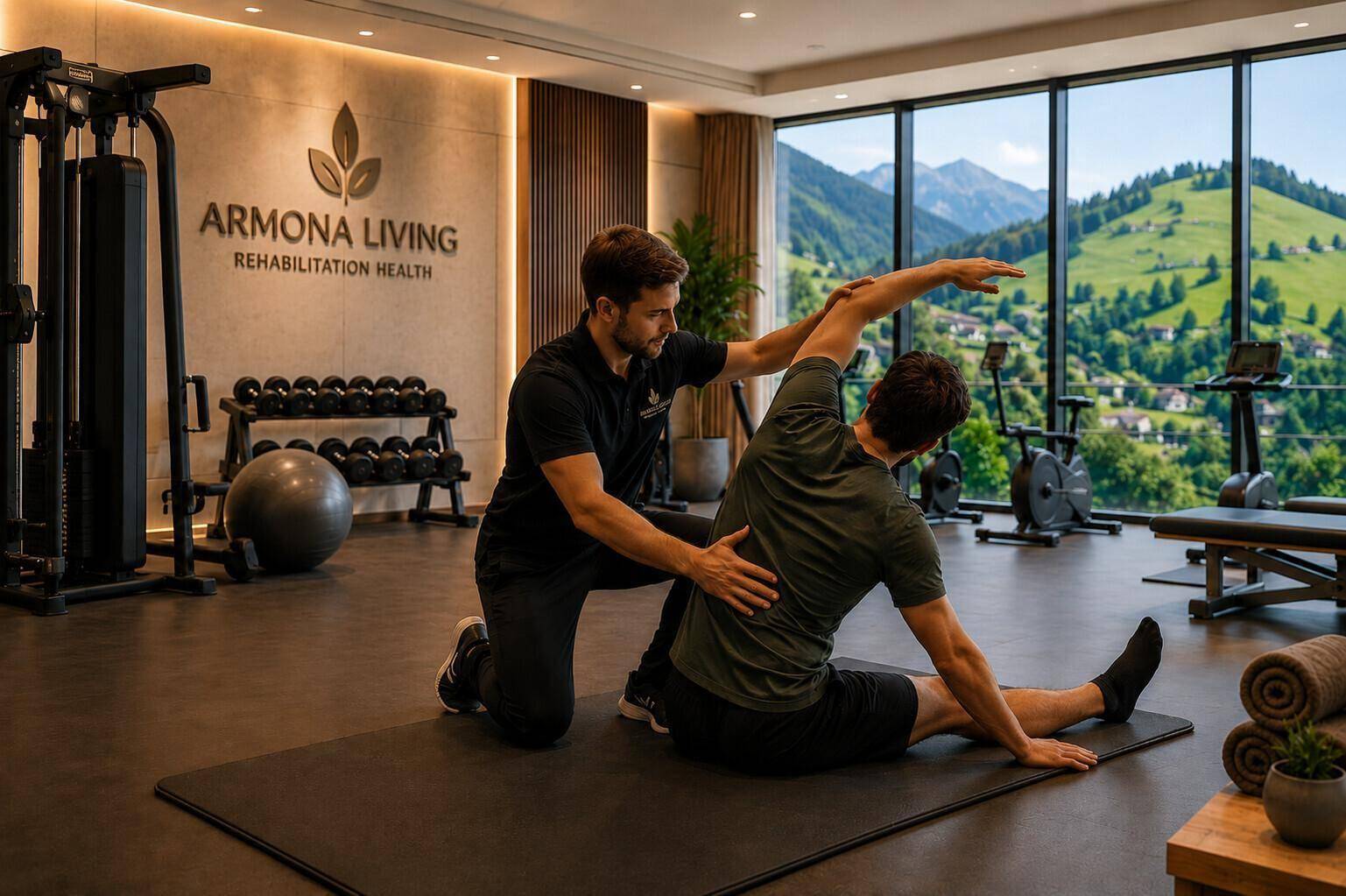 Heller Fitnessraum mit modernen Geräten, Trainingsbereich und weitem Blick auf die umliegenden Berge.