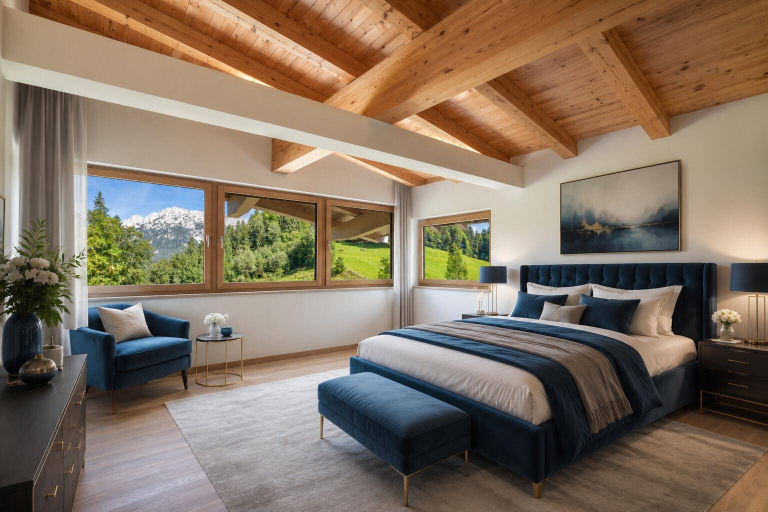 Gemütliches Schlafzimmer mit Holzbalkendecke, blauen Akzenten und Panoramablick auf Berge und Natur.