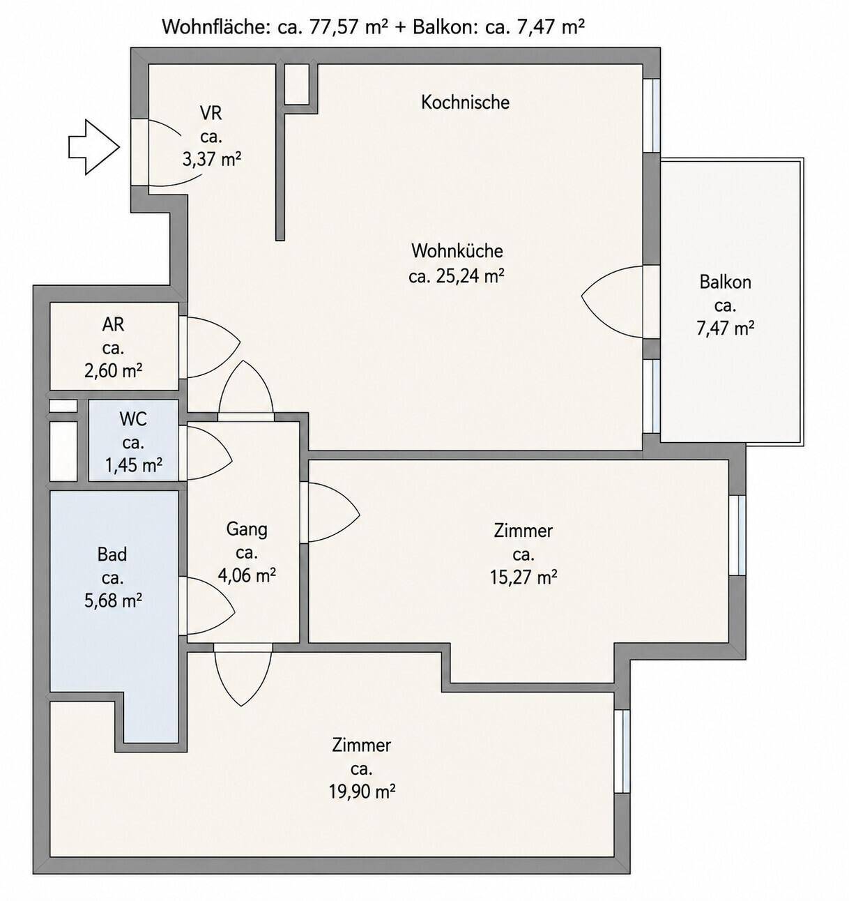 Detaillierter Grundriss der Wohnung mit Raumaufteilung und Flächenangaben.