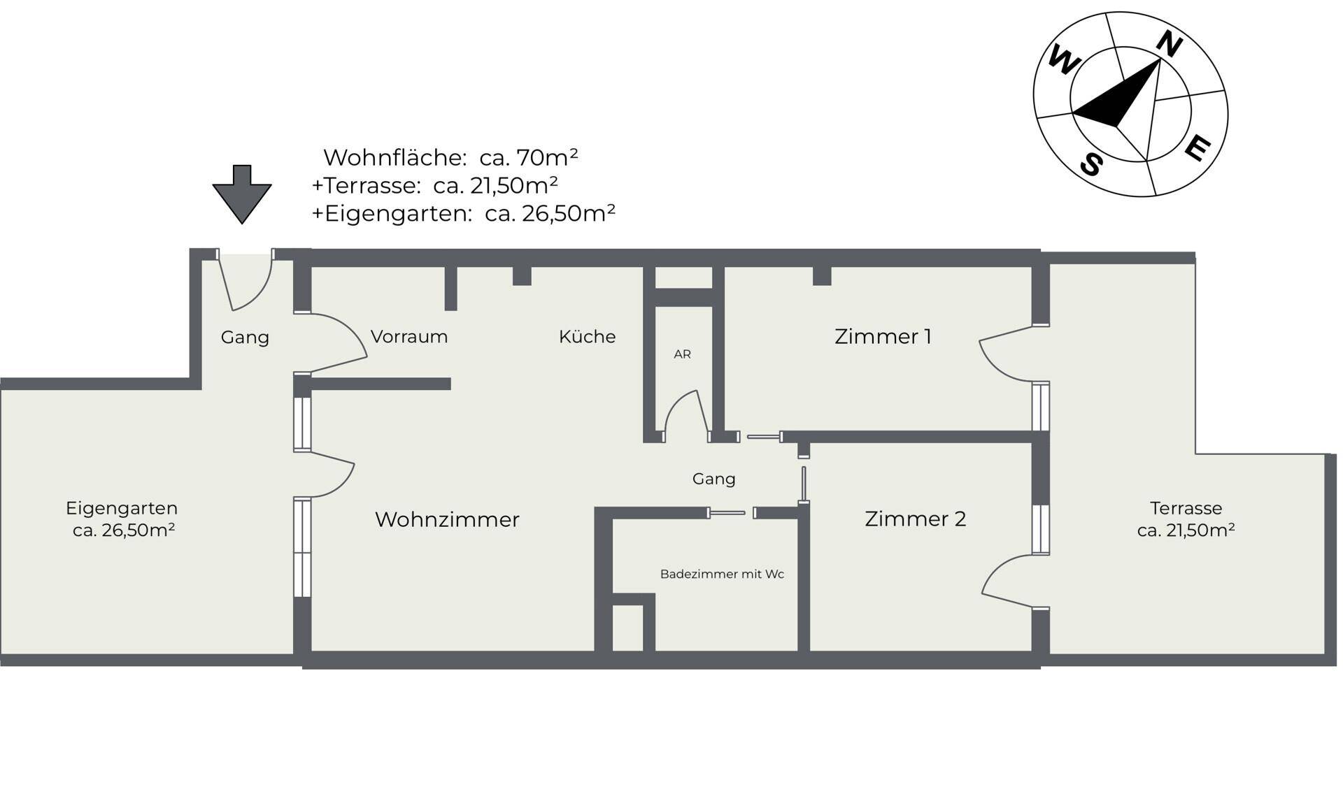 Grundriss der Wohnung mit Wohnzimmer, Küche, zwei Zimmern, Bad und Außenbereichen.