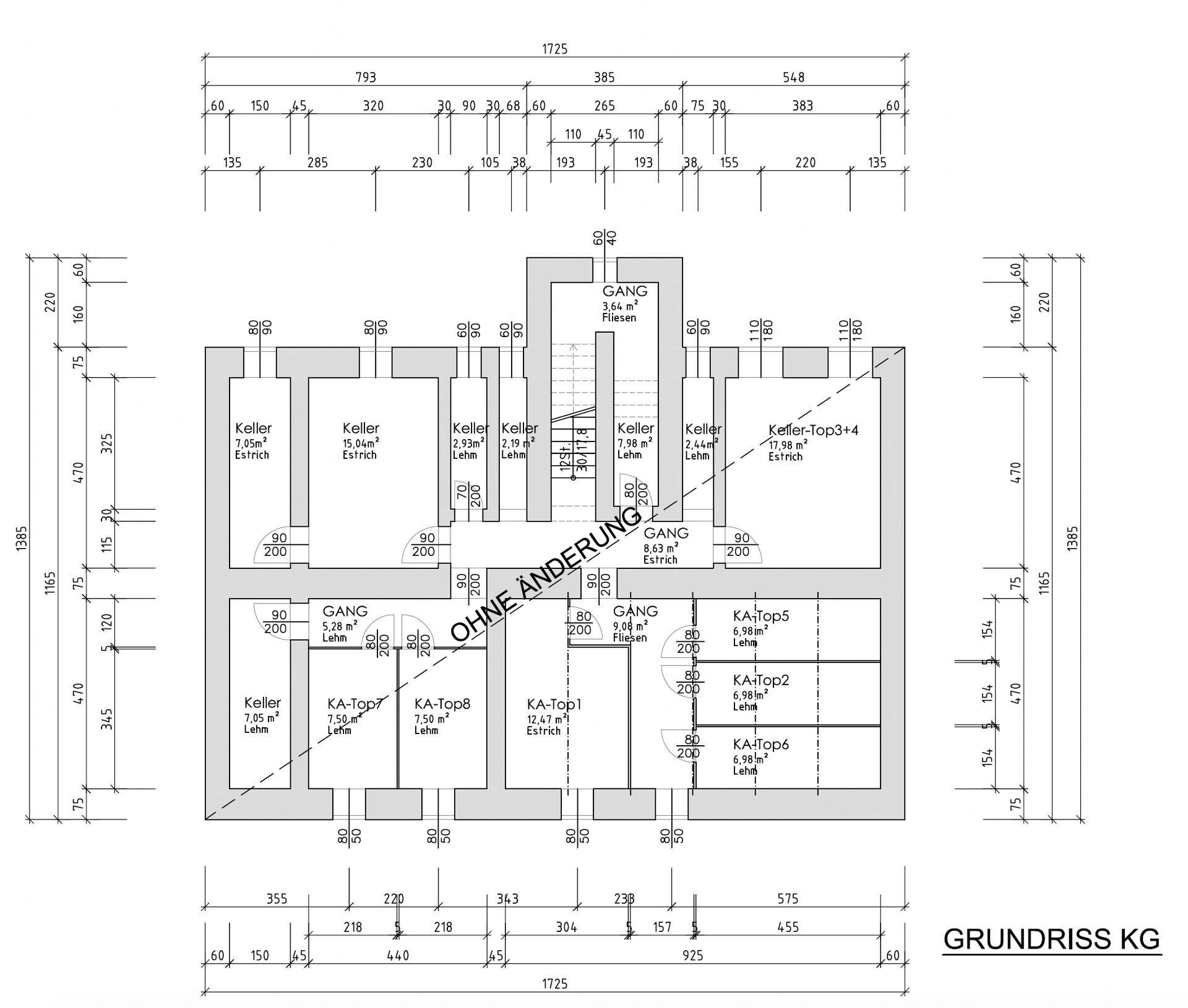 Grundriss des Kellergeschosses mit Abstellräumen und Gemeinschaftsbereichen.
