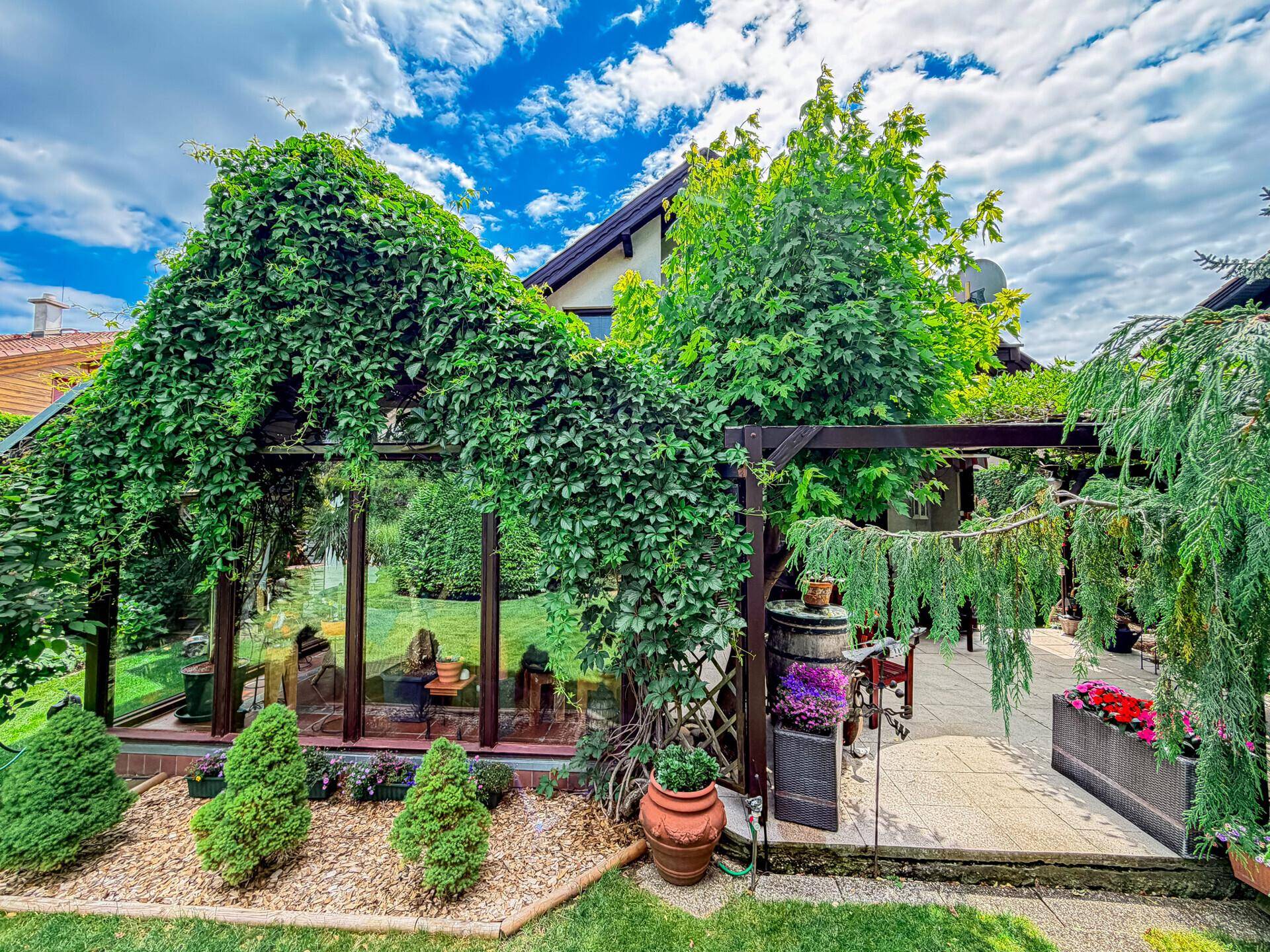 Hausfassade mit üppigem Grün bewachsen und überdachtem Terrassenbereich im Garten.