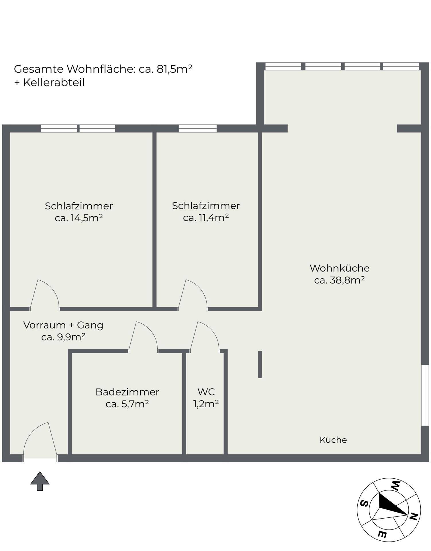 Grundriss der Wohnung mit Wohnküche, zwei Schlafzimmern und separatem Bad und WC.