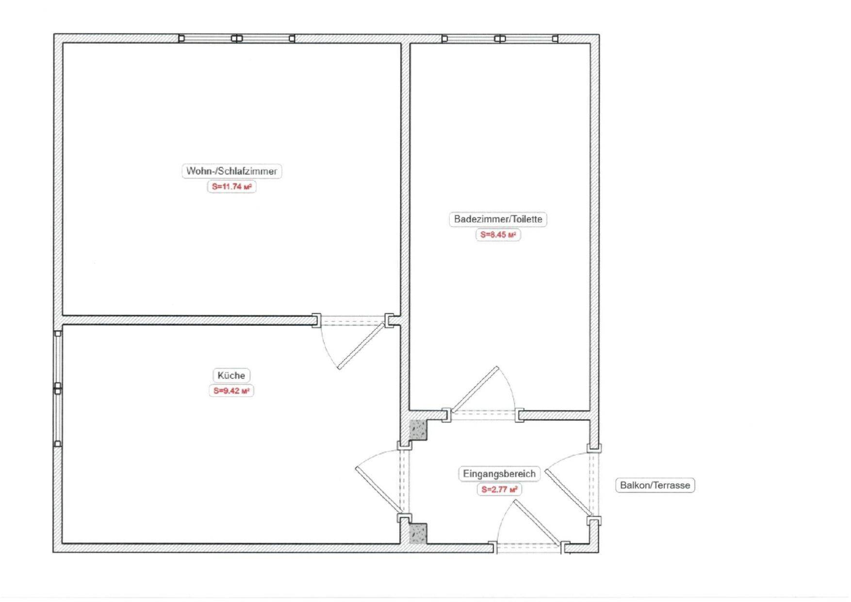 Grundriss der Wohnung mit Wohn-/Schlafzimmer, Küche, Badezimmer und Zugang zu Balkon oder Terrasse.