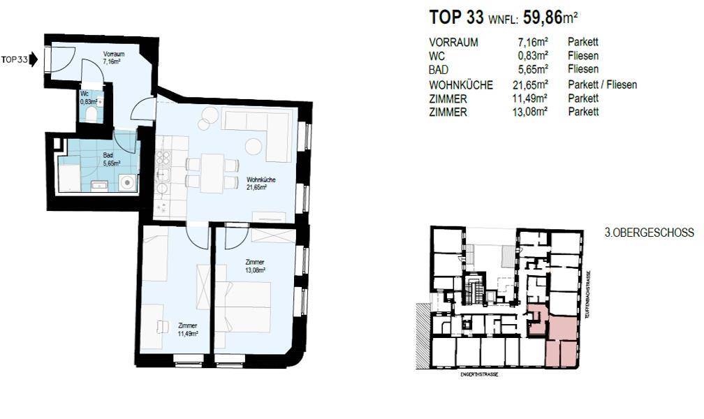 Grundriss der Wohnung TOP 33 mit offener Wohnküche, Bad, separatem WC und Balkon.