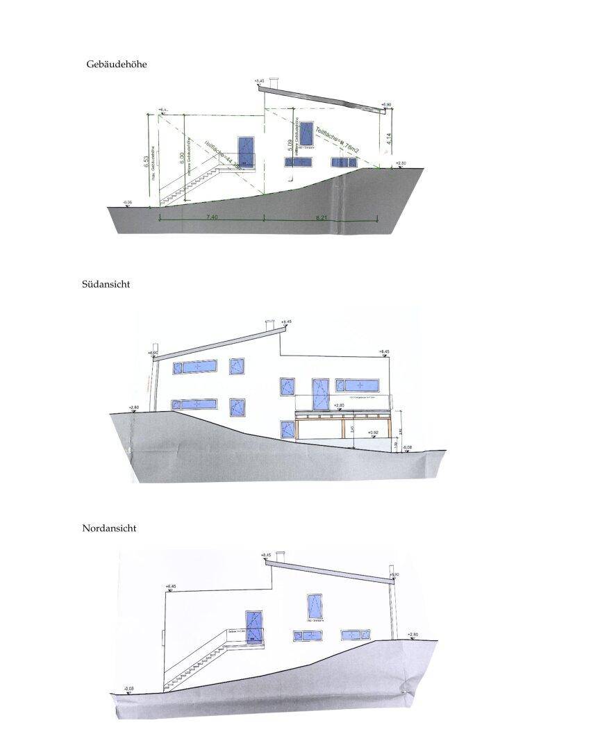 Verschiedene Gebäudeansichten, inklusive Gebäudehöhe, Süd- und Nordansicht mit moderner Architektur.