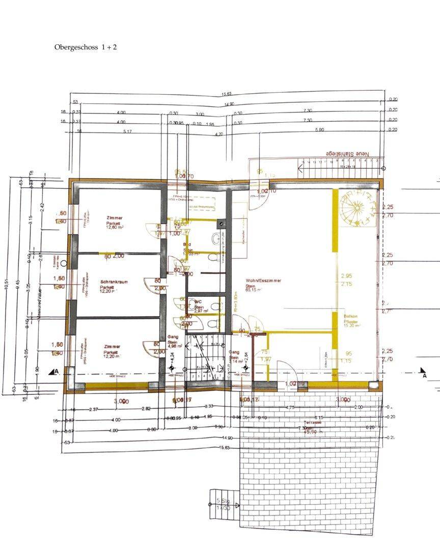 Grundriss des Obergeschosses zeigt zwei Wohneinheiten mit Wohn-/Esszimmer, Küche und Schlafzimmern.