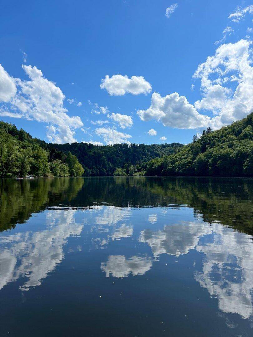 Blauer Himmel mit weißen Wolken spiegelt sich im ruhigen See wider, umgeben von grünen Wäldern.