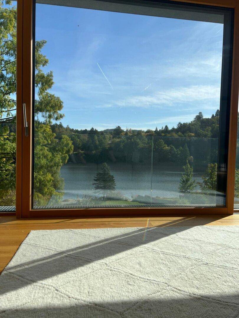 Große Fensterfront mit weitem Blick auf den See und die grüne Landschaft, lichtdurchfluteter Raum.