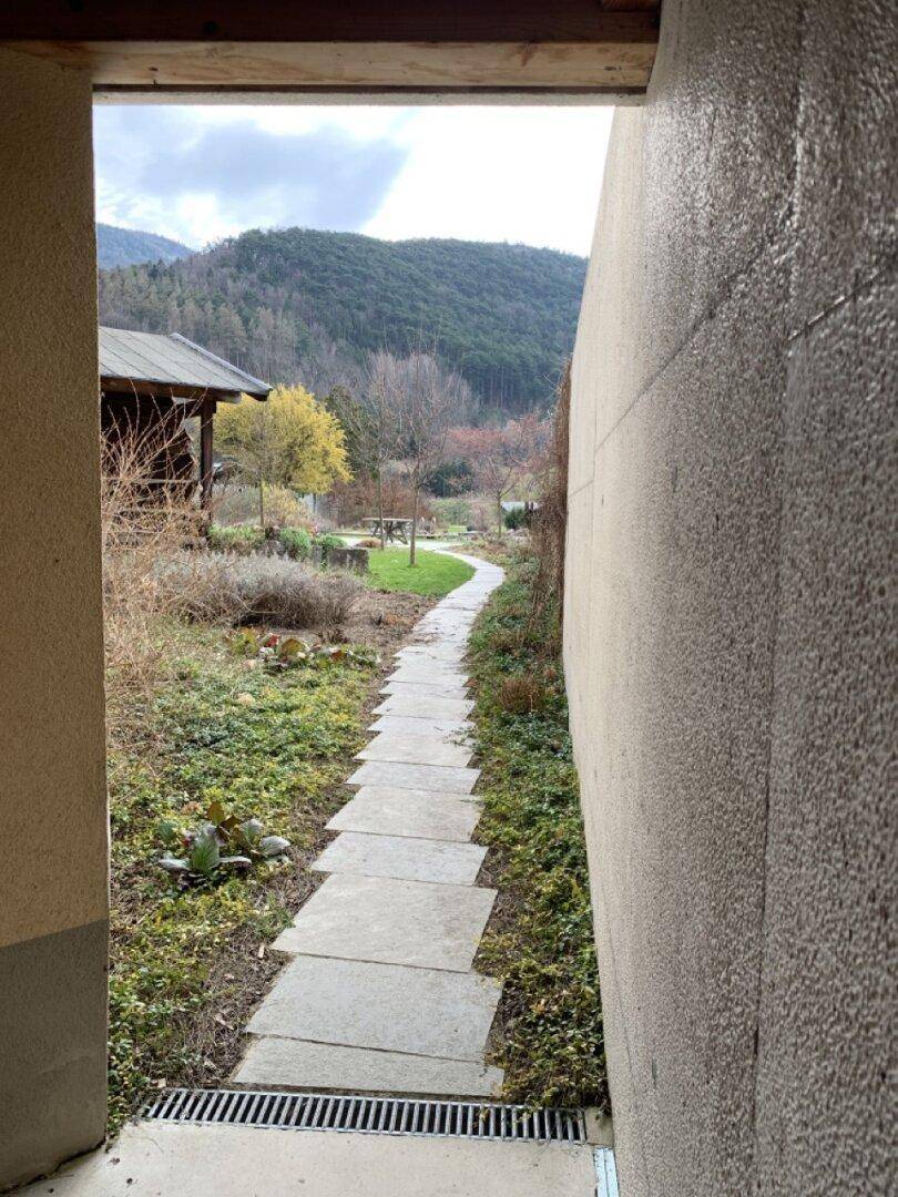 Steinweg führt durch einen Gartenbereich mit Blick auf bewaldete Hügel.