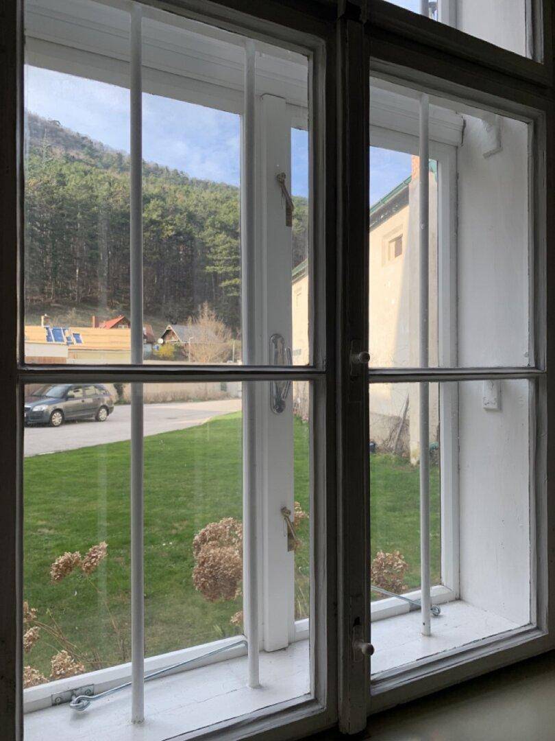 Blick aus einem Fenster auf eine grüne Wiese und ein Gebäude im Hintergrund.