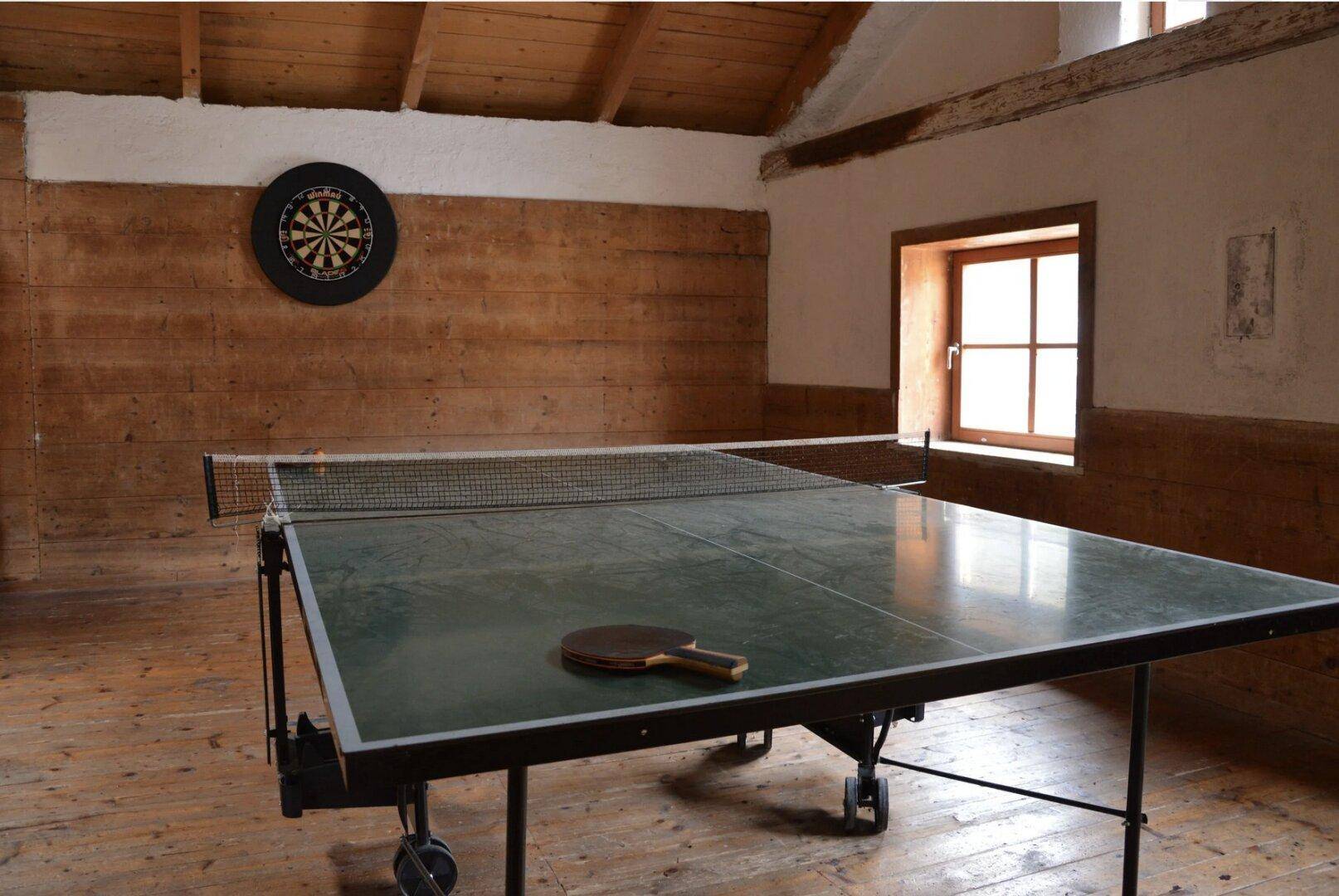Detailansicht einer Tischtennisplatte in einem geräumigen Spielzimmer.