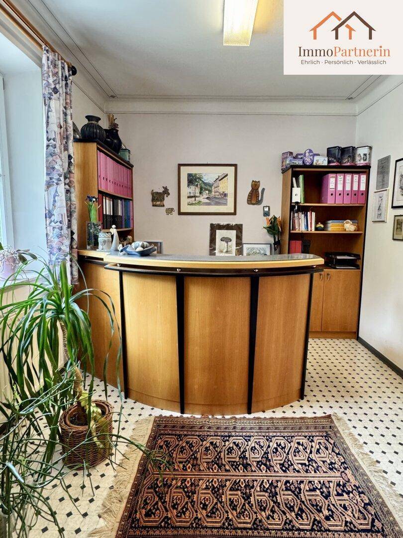 Empfangsbereich oder Büro mit geschwungenem Tresen, Regalen und gemustertem Boden.