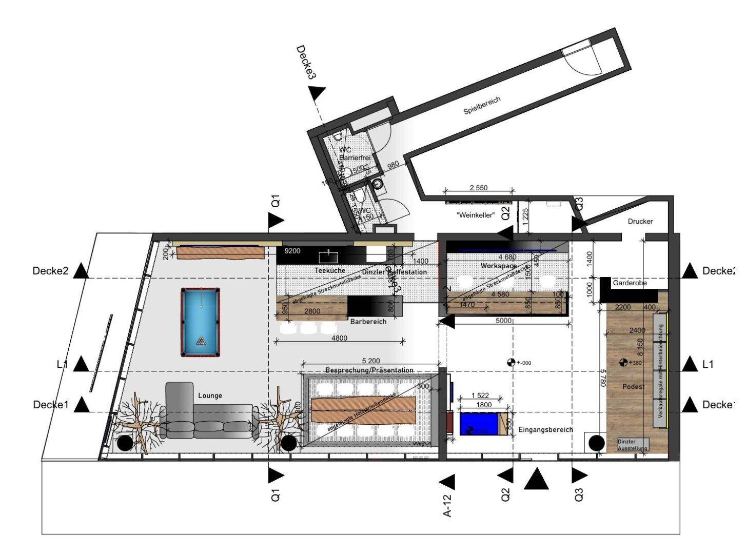 Detaillierter Grundriss der Gewerbefläche mit verschiedenen Funktionsbereichen wie Lounge und Bar.