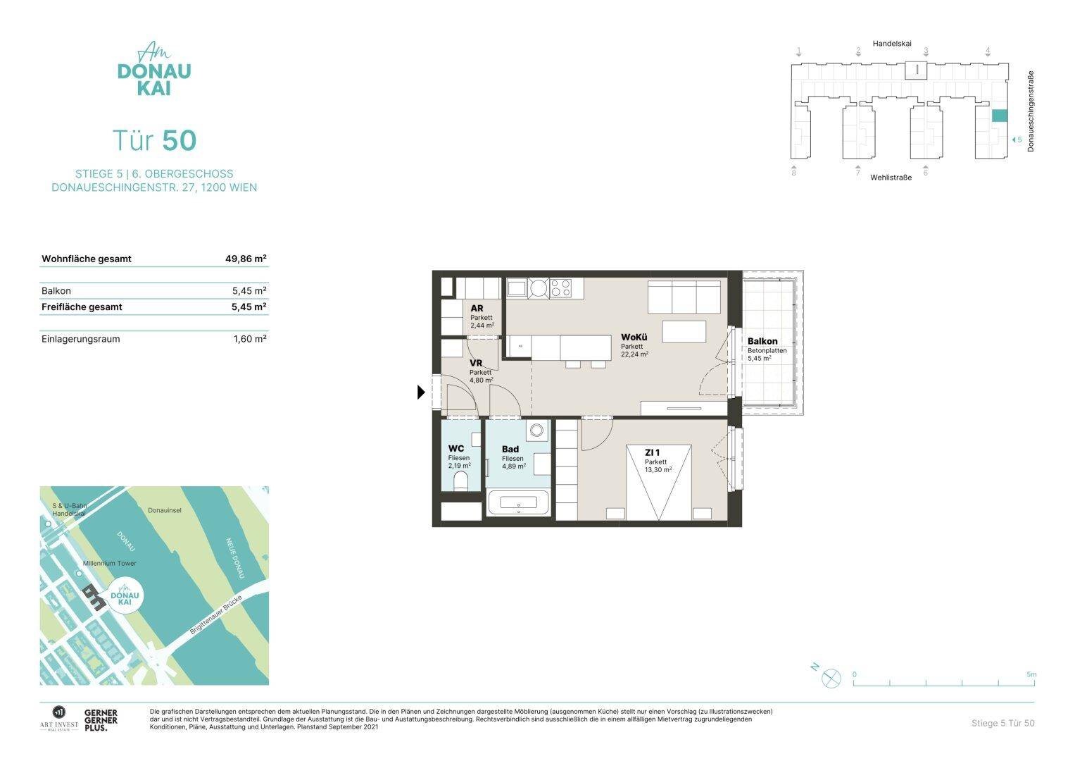 Grundriss der Wohnung Tür 50 im Donau Kai Projekt mit Balkon und offener Wohnküche.