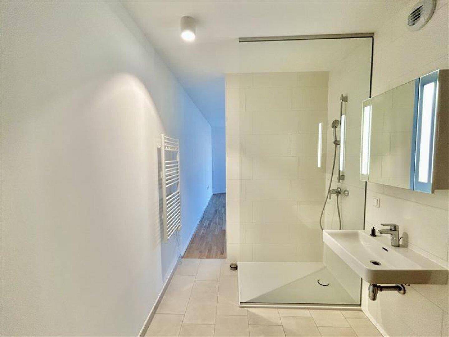 Modernes Badezimmer mit ebenerdiger Dusche, Handtuchheizkörper und Waschtisch mit Spiegelschrank.