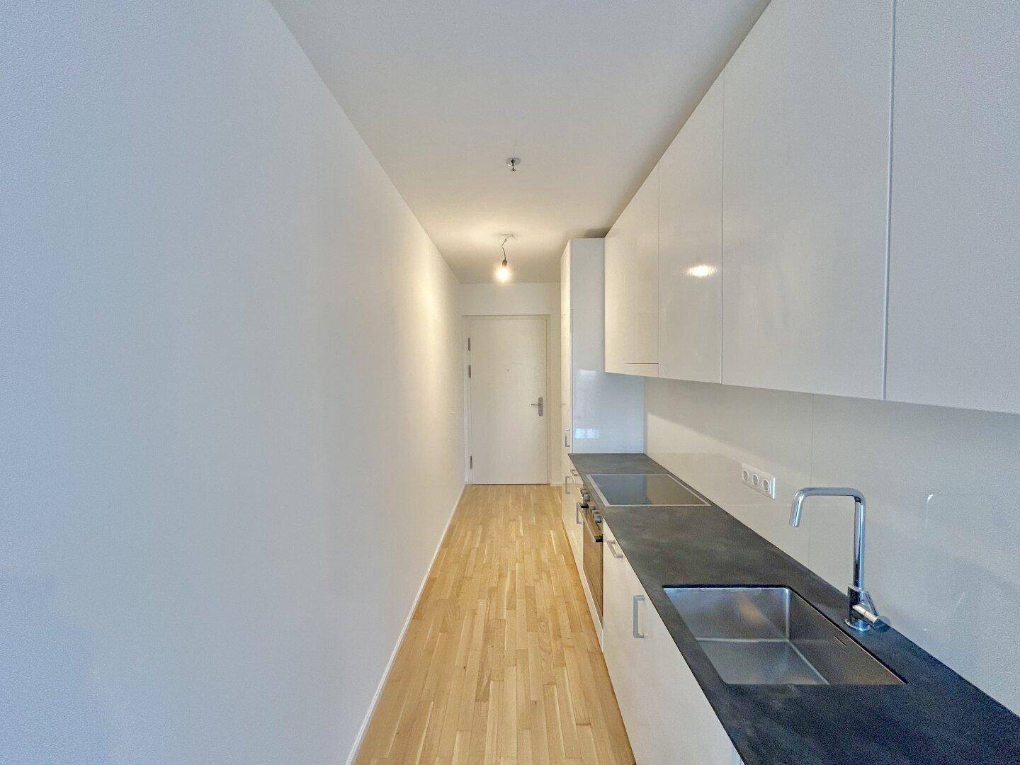 Schmale, moderne Küche mit weißen Hochglanzschränken, dunkler Arbeitsplatte und Parkettboden.