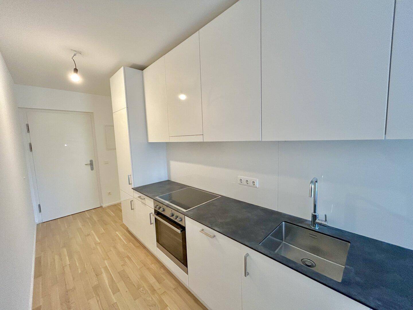 Detailansicht der modernen Küche mit Induktionskochfeld, Backofen und integrierter Spüle.