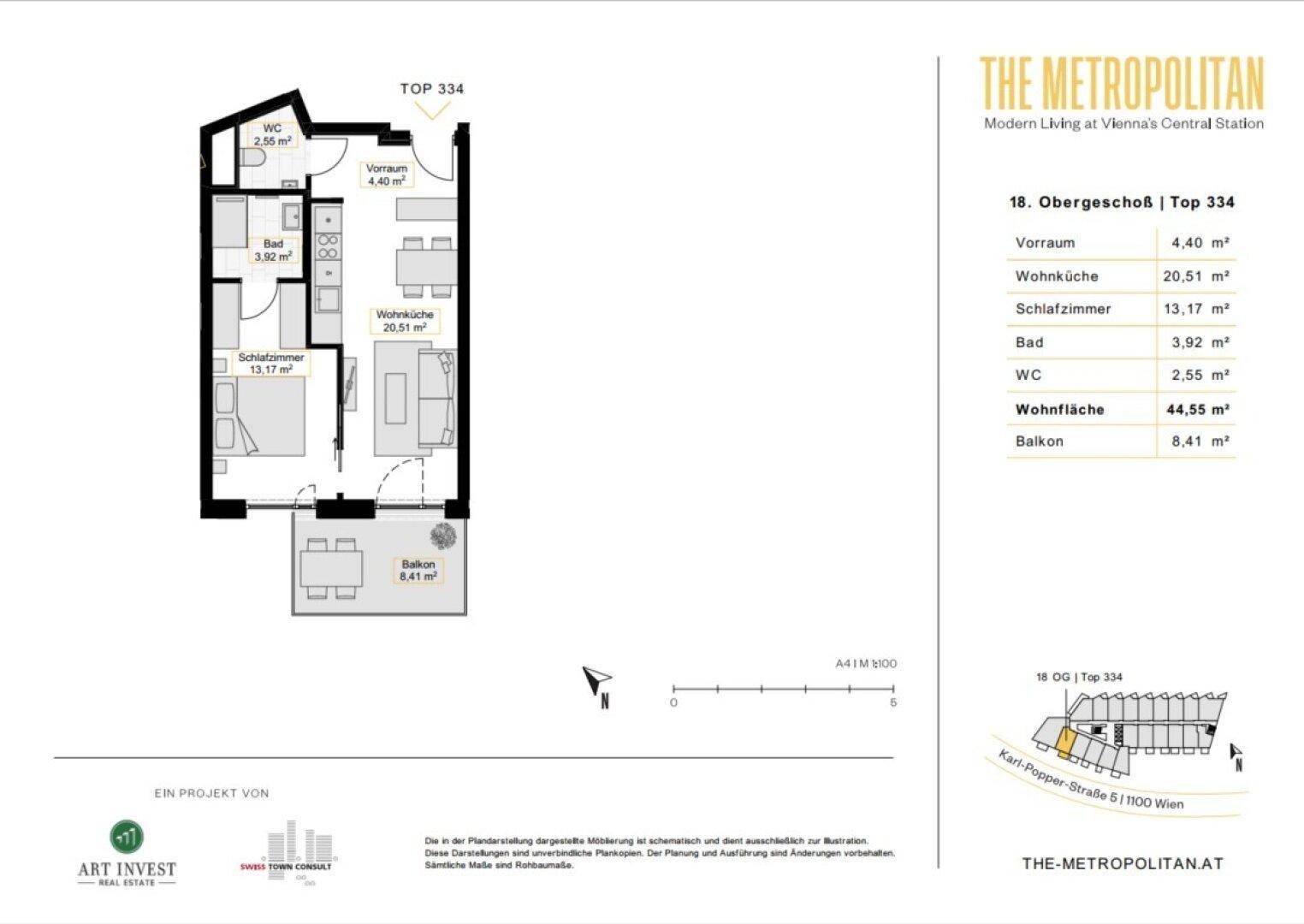 Grundriss einer Wohnung mit Wohnküche, Schlafzimmer und Balkon auf der 18. Etage.