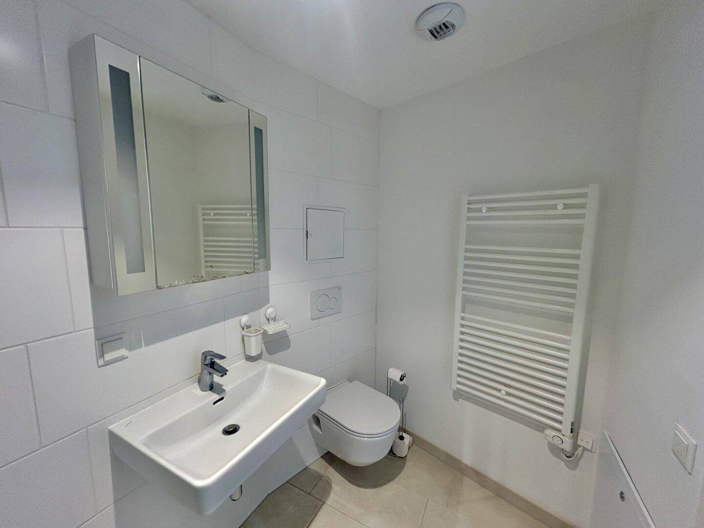 Helles Badezimmer mit WC, Einzelwaschbecken, Spiegelschrank und beheiztem Handtuchhalter.
