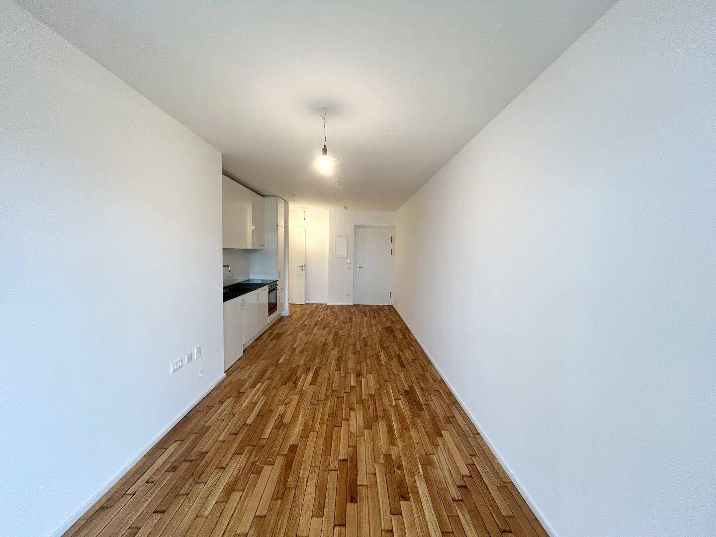 Offener Wohnbereich mit moderner Küchenzeile, Holzboden und Zugang zum Eingangsbereich.