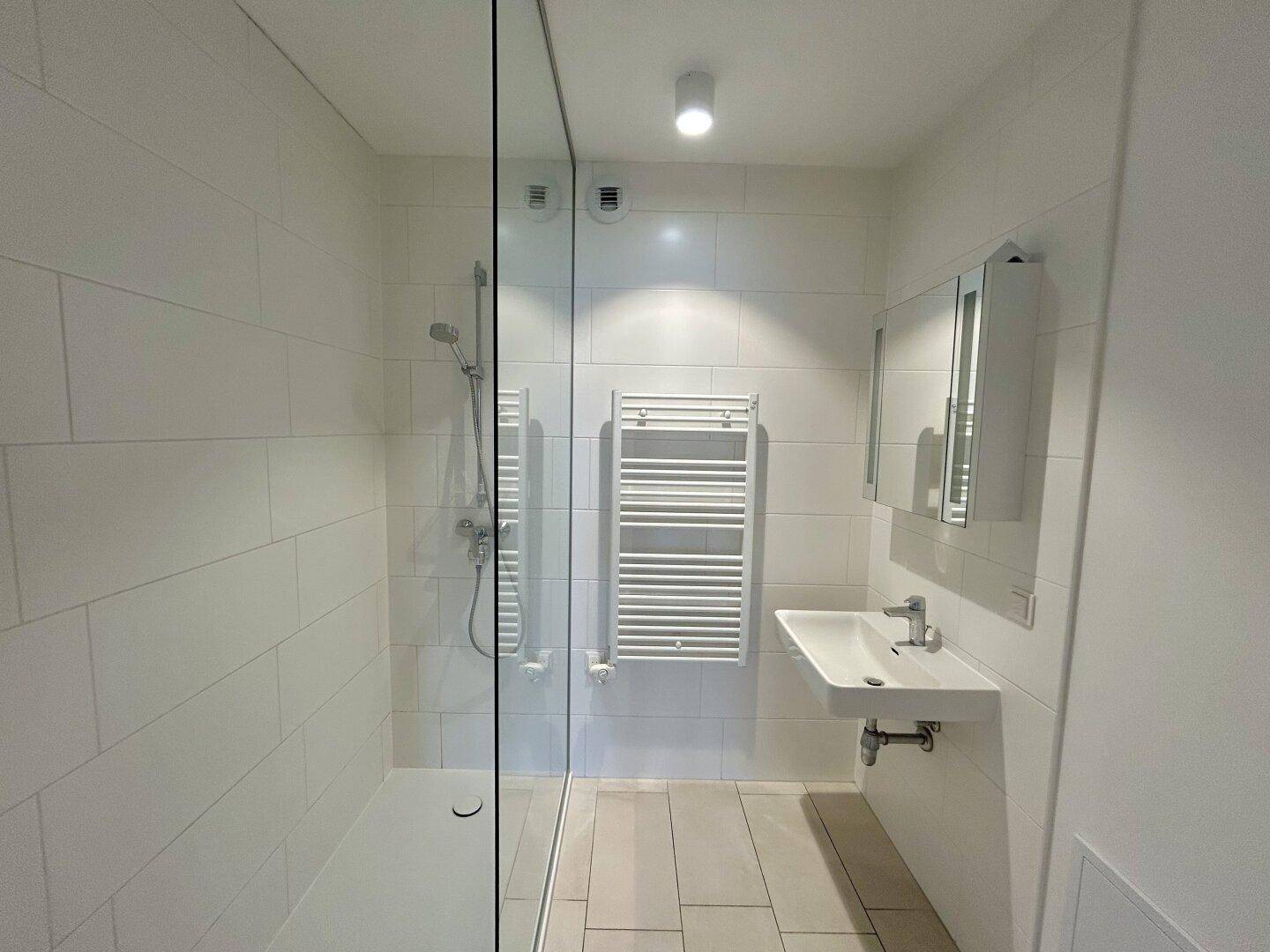 Modernes Badezimmer mit ebenerdiger Dusche, Waschbecken und beheiztem Handtuchhalter.