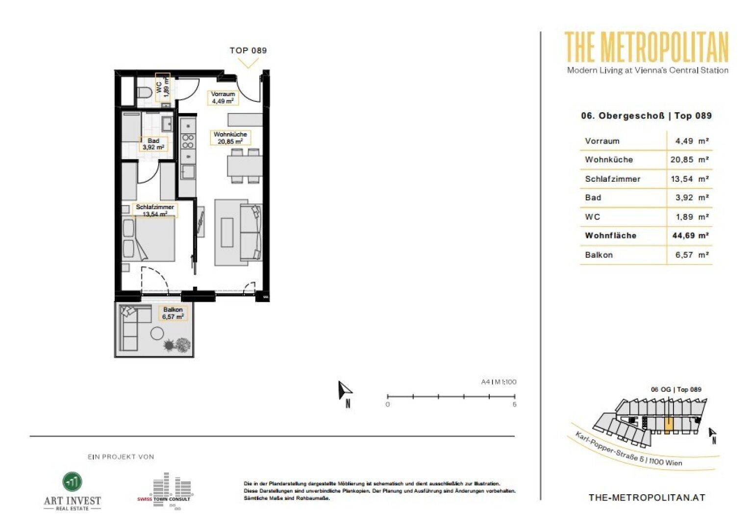 Grundriss der Wohnung Top 089 mit Wohnküche, Schlafzimmer, Bad und Balkon.